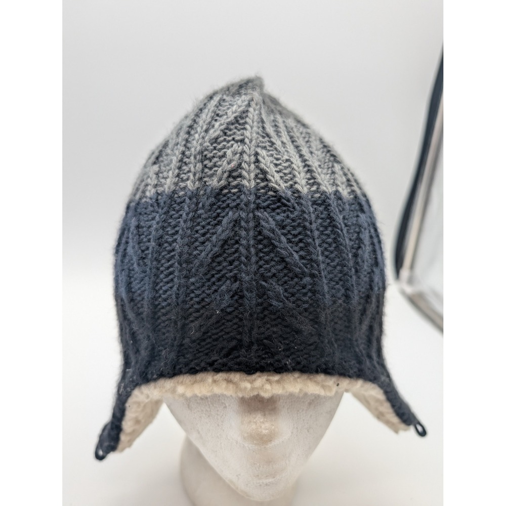 Columbia Mens Knit Trapper Hat Grey Navy Blue Sherpa Lined Ear Flap Beanie